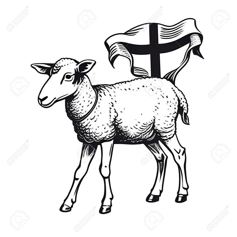 Agneau avec croix. symbole de la religion. Croquis illustration vectorielle isolé sur fond blanc