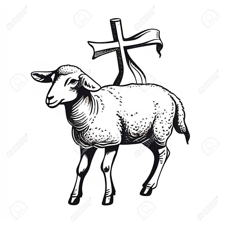 羔羊与十字宗教象征素描矢量插图隔离在白色的背景