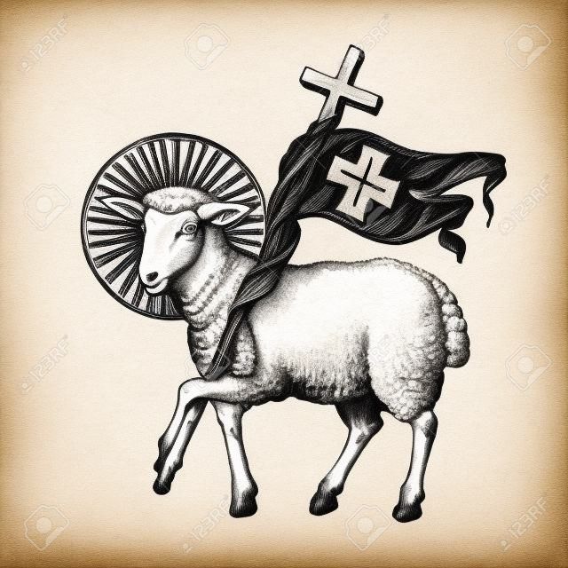 Lamb or sheep holding cross. Religious symbol. Sketch