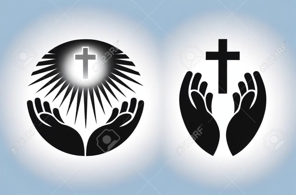Руки держит крест, иконки или символы. Религия, церковь векторный логотип на белом фоне