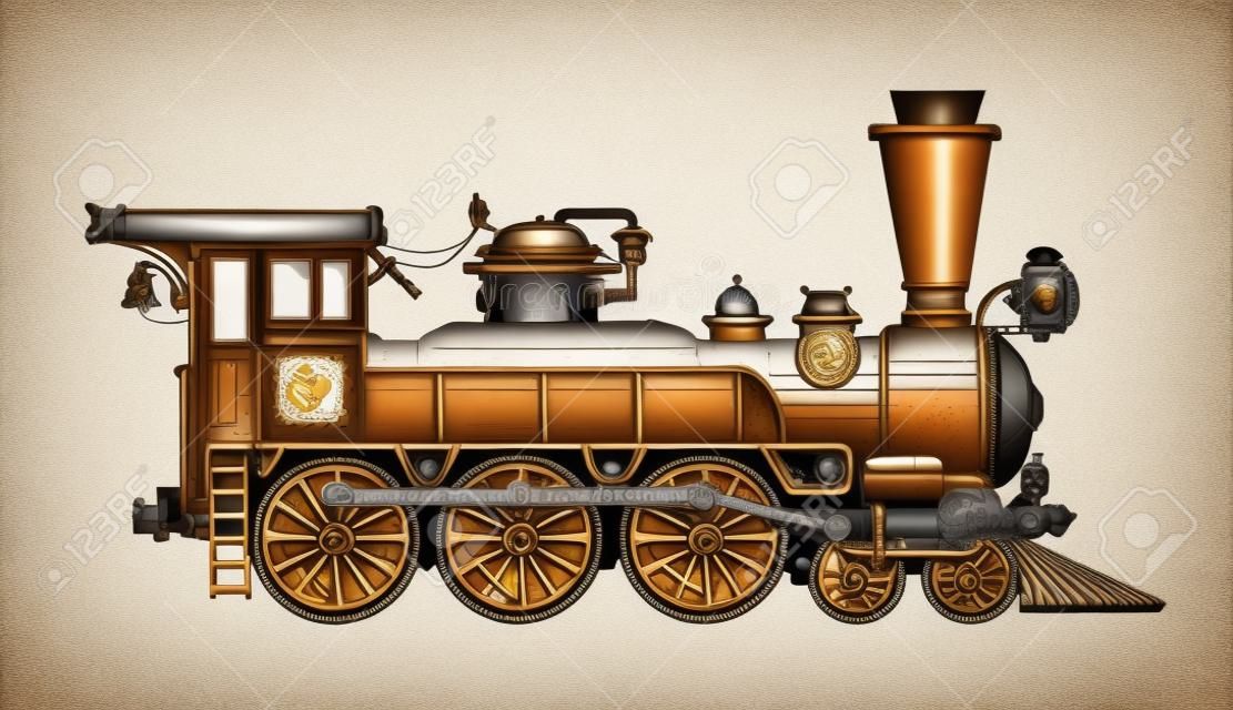 Vintage stoomlocomotief. Getrokken oude trein, transport. Vector illustratie