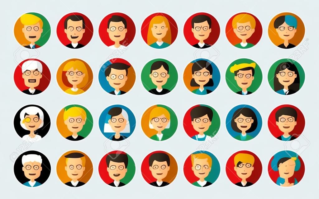 Conjunto de iconos de personas. Perfil de Avatar, caras diversas, red social, símbolo de chat. Estilo de ilustración vectorial de dibujos animados plano