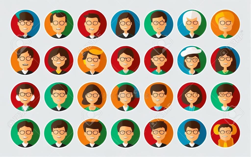Zestaw ikon osób. Profil Awatar, zróżnicowane twarze, serwis społecznościowy, symbol czatu. Ilustracja wektora Cartoon płaskim stylu