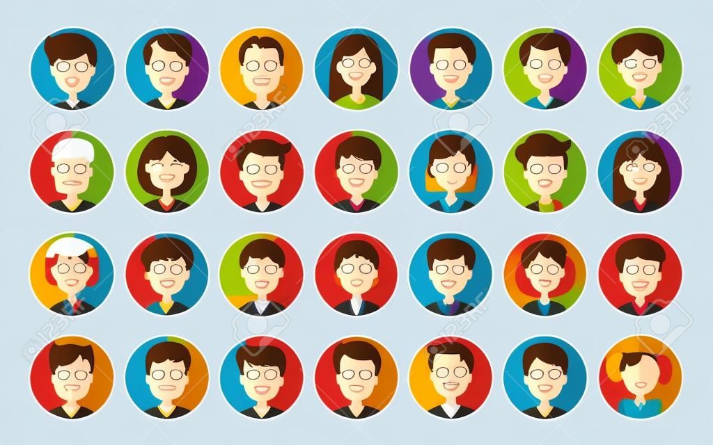 Zestaw ikon osób. Profil Awatar, zróżnicowane twarze, serwis społecznościowy, symbol czatu. Ilustracja wektora Cartoon płaskim stylu