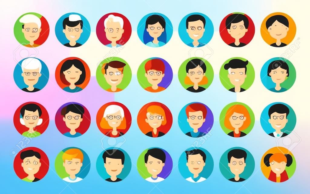 Conjunto de iconos de personas. Perfil de Avatar, caras diversas, red social, símbolo de chat. Estilo de ilustración vectorial de dibujos animados plano