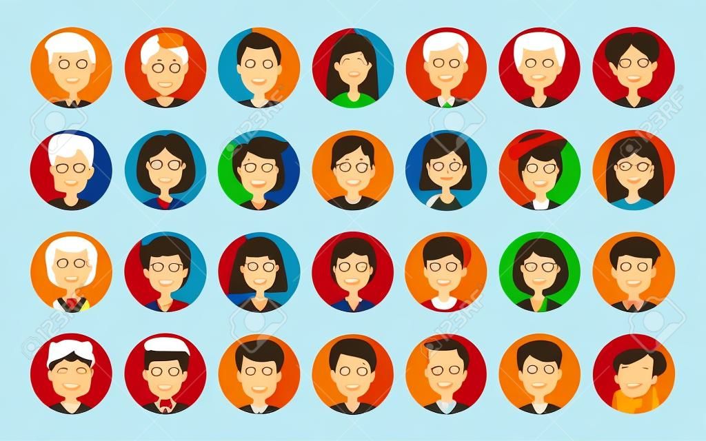 Les icônes des personnes sont définies. Profil d'avatar, visages diversifiés, réseau social, symbole de chat. Illustration vectorielle dessin animée style plat
