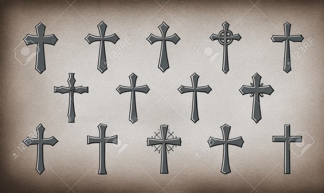 Kreuzlogo. Religion, Kreuzigung, Kirche, mittelalterliche Wappen Symbol oder Symbol. Vektor-Illustration