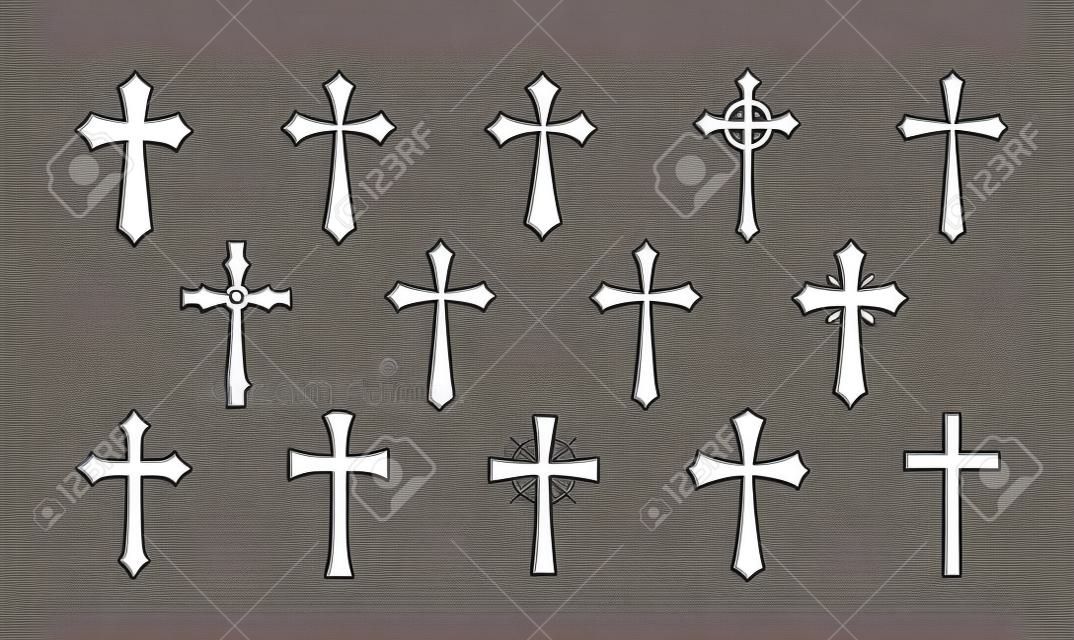 Cruz logotipo. Religión, crucifixión, iglesia, escudo de armas medieval icono o símbolo. Ilustración del vector