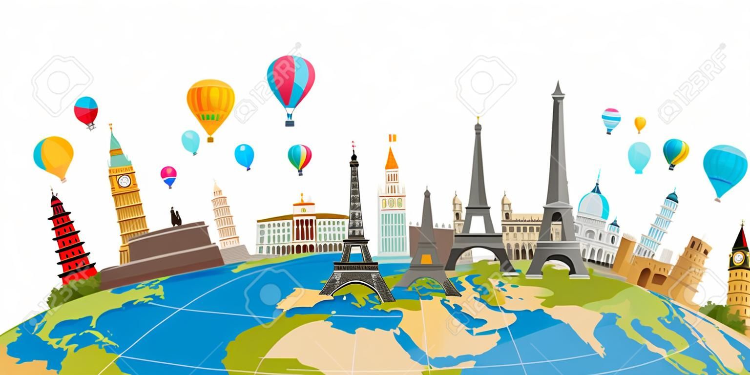 Travel, journey concept. Famous monuments of world countries. Vector illustration