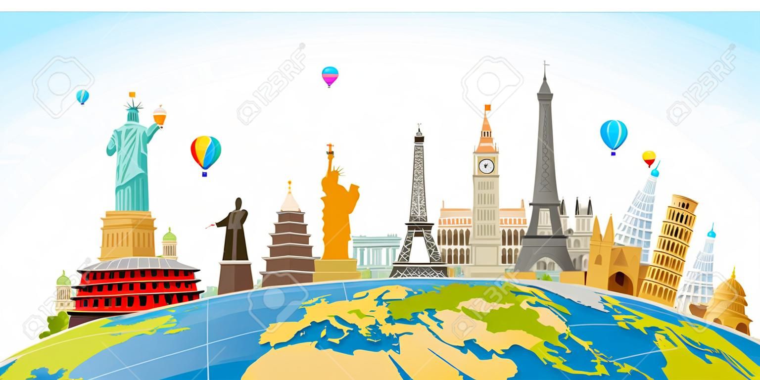 Viajes, concepto de viaje. Monumentos famosos de países del mundo. Ilustración vectorial