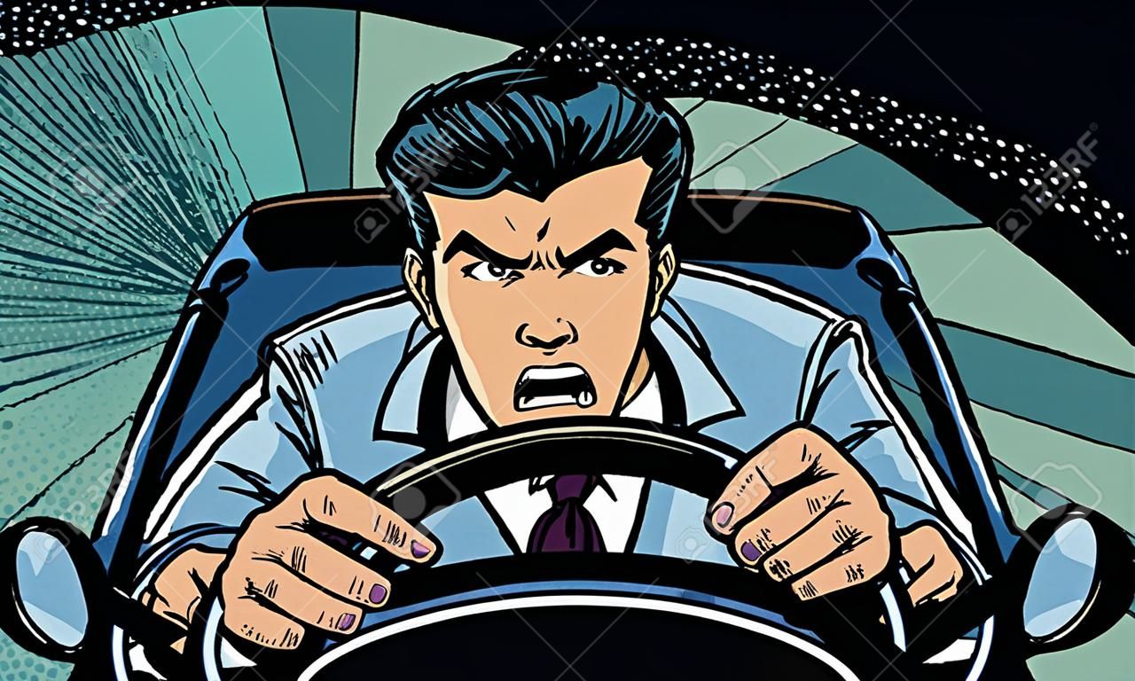 Agresywny kierowca za kierownicą samochodu. Wyścig, pościg w komiksowym stylu retro pop art. Ilustracja kreskówka wektor