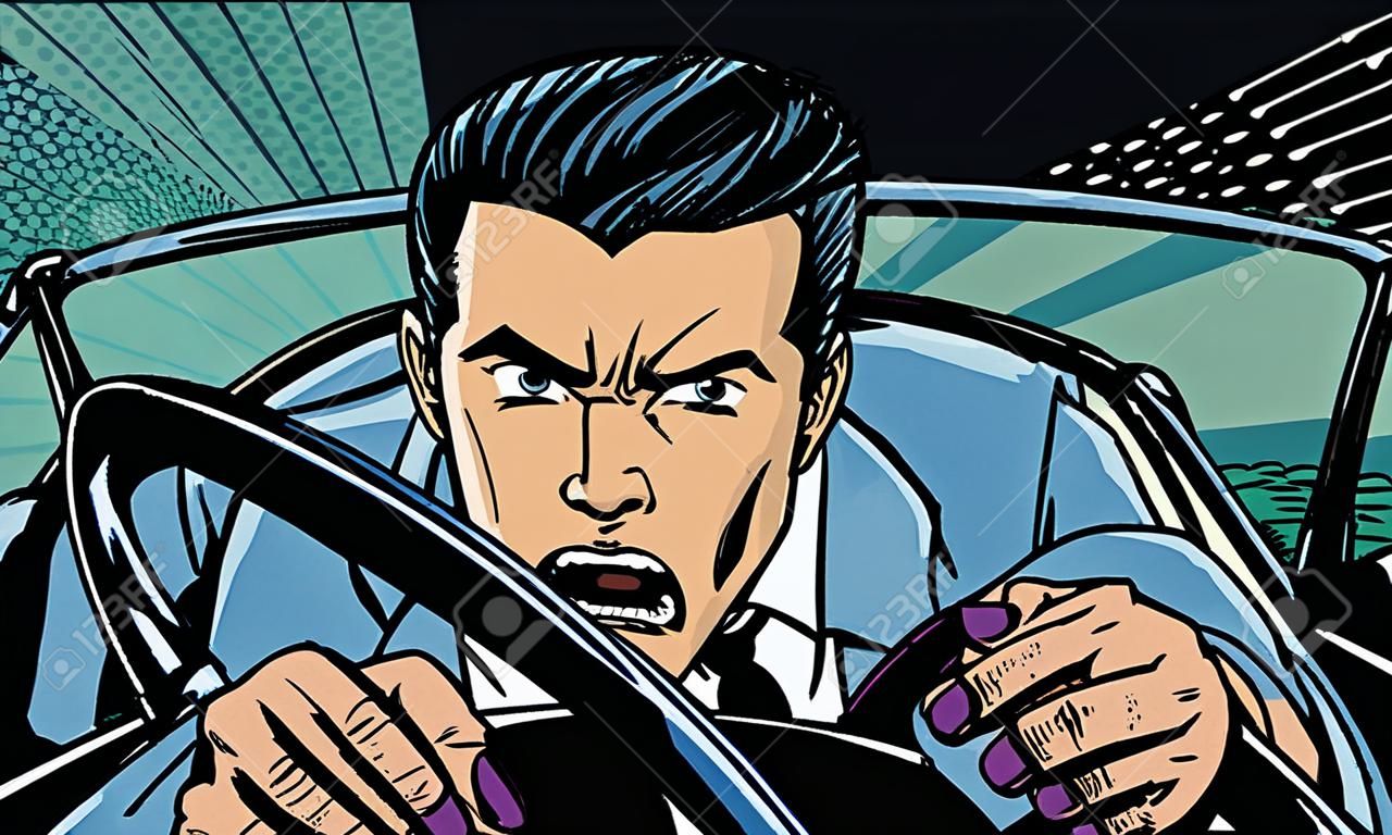 Conducteur agressif au volant de la voiture. Course, poursuite dans un style bande dessinée rétro pop art. Illustration vectorielle de dessin animé