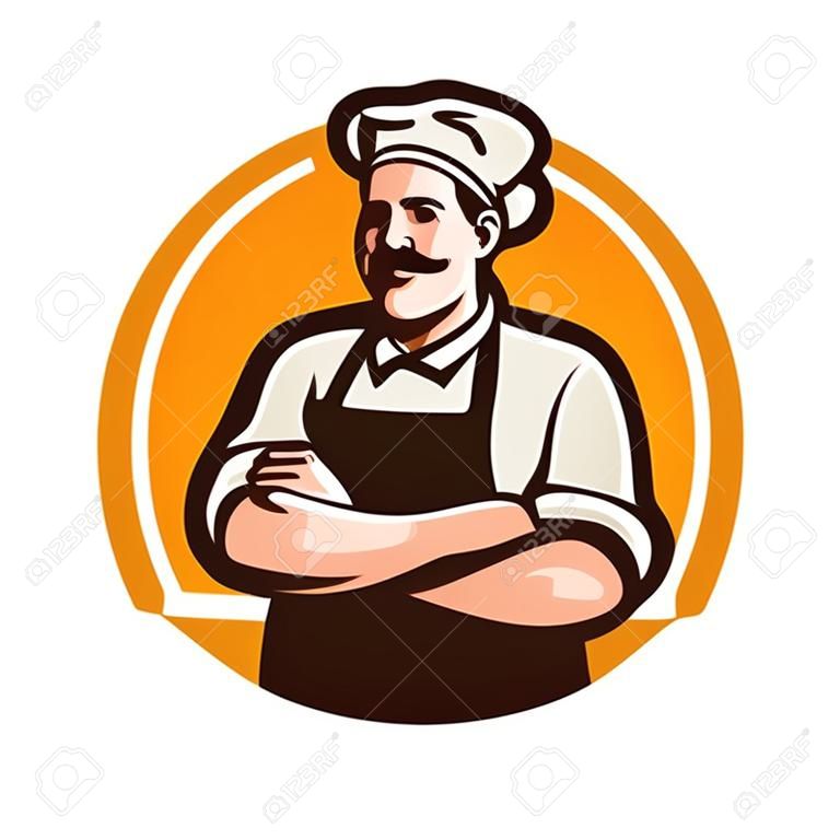 Chef, cozinheiro ou padeiro logotipo. Café, restaurante, conceito de menu. Ilustração vetorial de desenhos animados