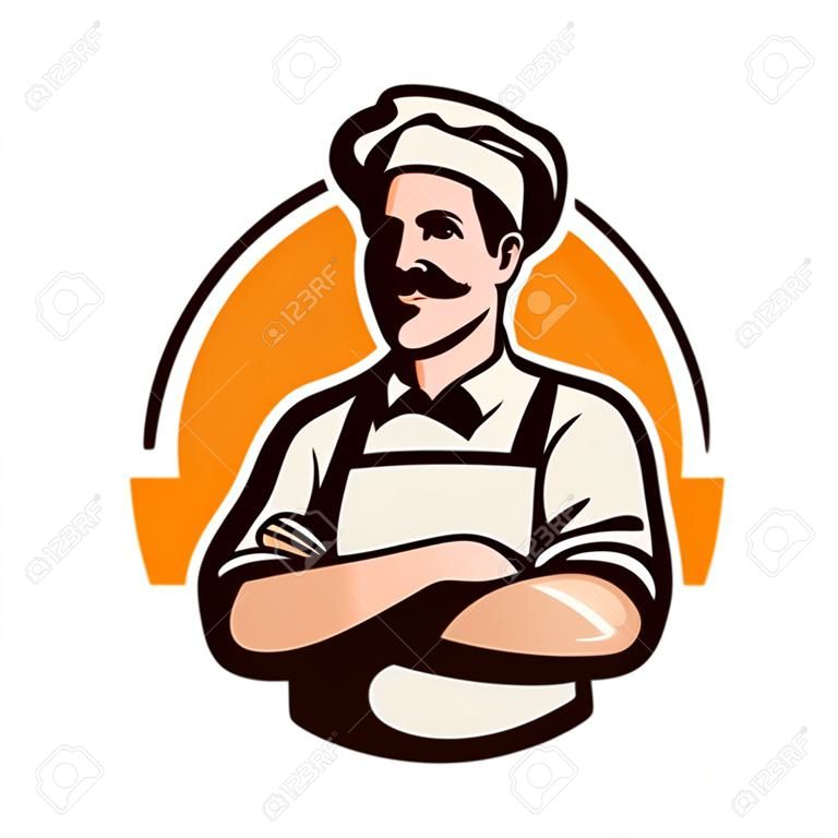 Chef, cozinheiro ou padeiro logotipo. Café, restaurante, conceito de menu. Ilustração vetorial de desenhos animados