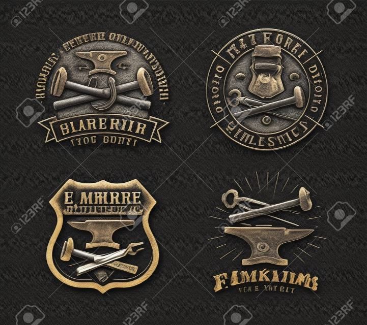 Forge, blacksmith logo or label. Blacksmithing set of emblems