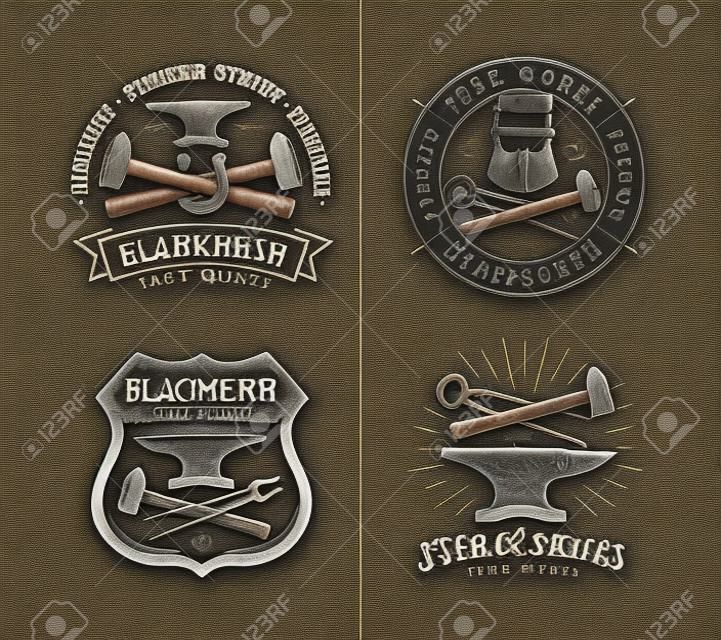 Forge, blacksmith logo or label. Blacksmithing set of emblems
