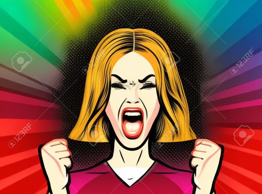 girl or young woman screaming out loud. Pop art retro comic style