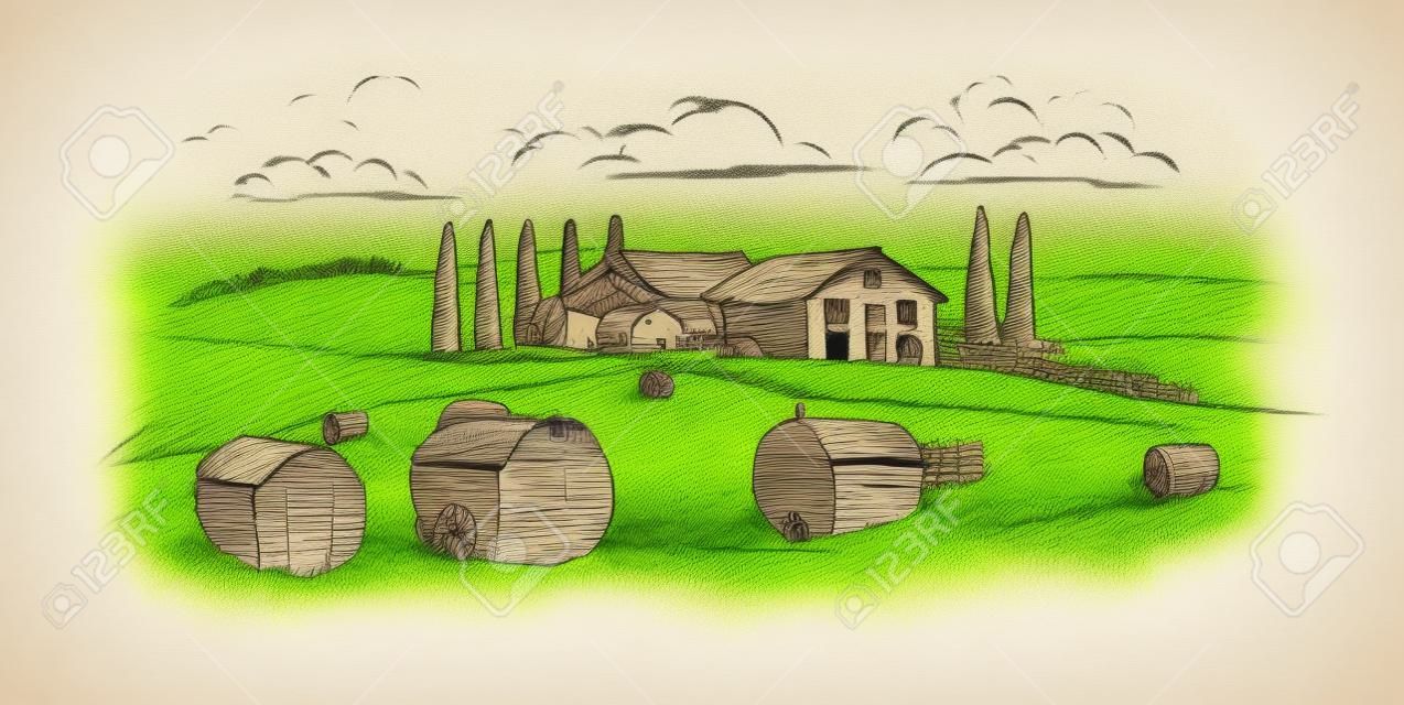 시골 풍경, 마을 스케치입니다. 농장, 빈티지 벡터 일러스트 레이 션 흰색 배경에 고립