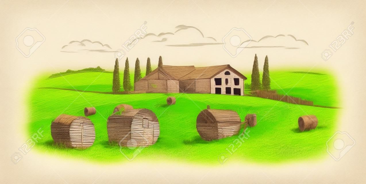 ländliche Landschaft, Dorfskizze. Bauernhof, Vintage-Vektor-Illustration isoliert auf weißem Hintergrund