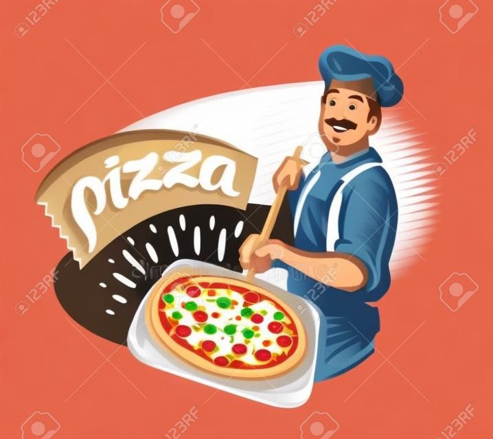 Chef che tiene pala di legno con pizza calda. Pizzeria, illustrazione vettoriale di cibo italiano