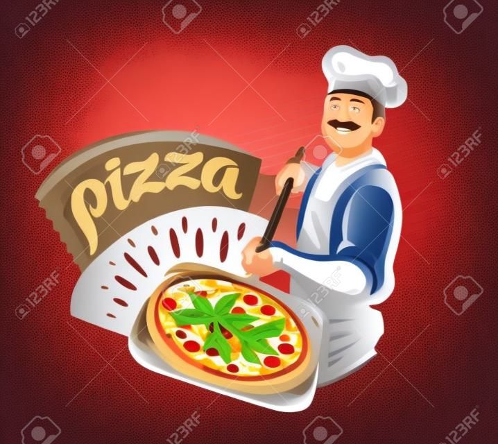 Chef houdt houten schop met hete pizza. Pizzeria, Italiaanse voedsel vector illustratie