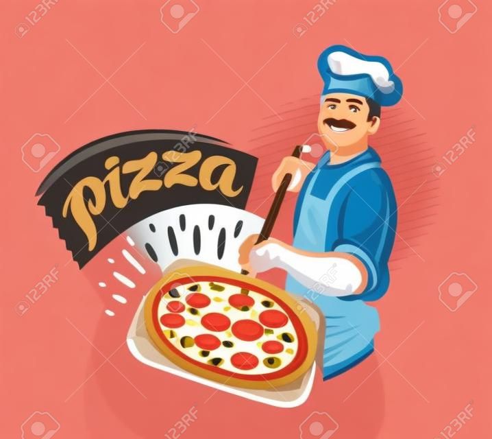 Chef houdt houten schop met hete pizza. Pizzeria, Italiaanse voedsel vector illustratie