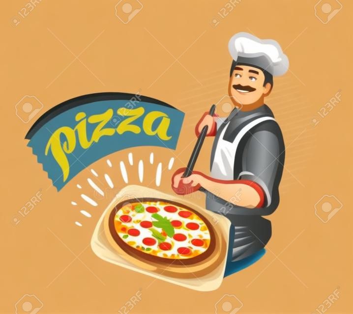 Chef che tiene pala di legno con pizza calda. Pizzeria, illustrazione vettoriale di cibo italiano