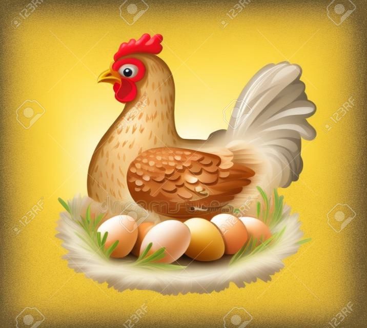 Chicken farm with eggs. Hen and eggs vector illustration