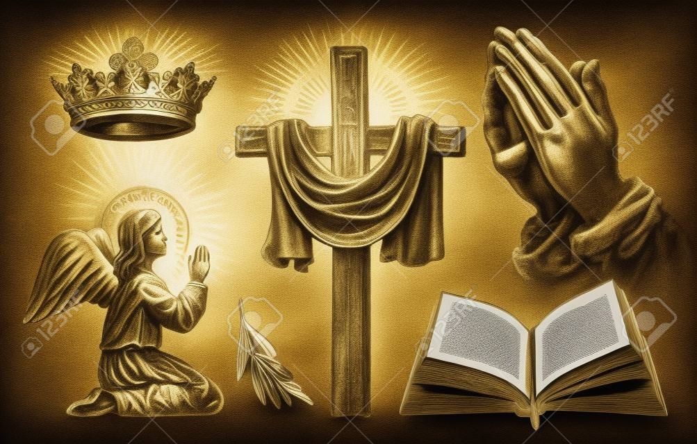 Cruz cristã, Anjo de oração, abrir a Bíblia Sagrada, Mãos em oração, Coroa do rei de Deus.