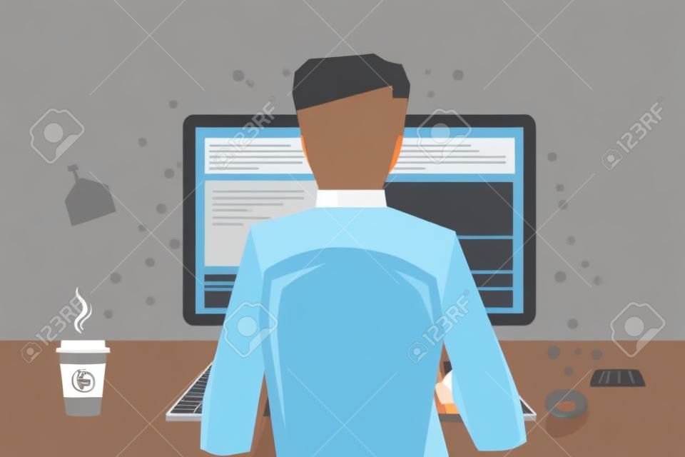 Man working on internet using computer and keyboard and drinking coffee. Vector concept work at home, freelance, efforts at work. Flat style. Web infographics. Back view