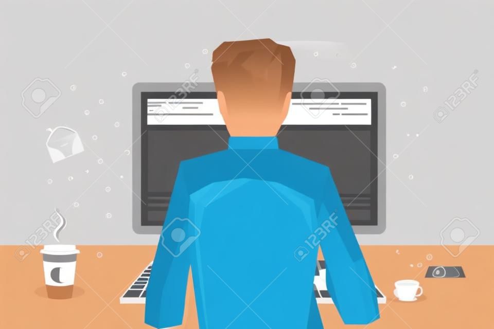 Man working on internet using computer and keyboard and drinking coffee. Vector concept work at home, freelance, efforts at work. Flat style. Web infographics. Back view