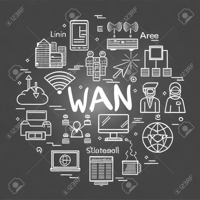 線形ラウンド ワイド エリア ネットワークの概念。細い線 WAN、インターネット技術、コンピュータ ネットワークのアイコンは、接続をセキュリティ保護します。黒チョーク ボード上の近代的な web バナー