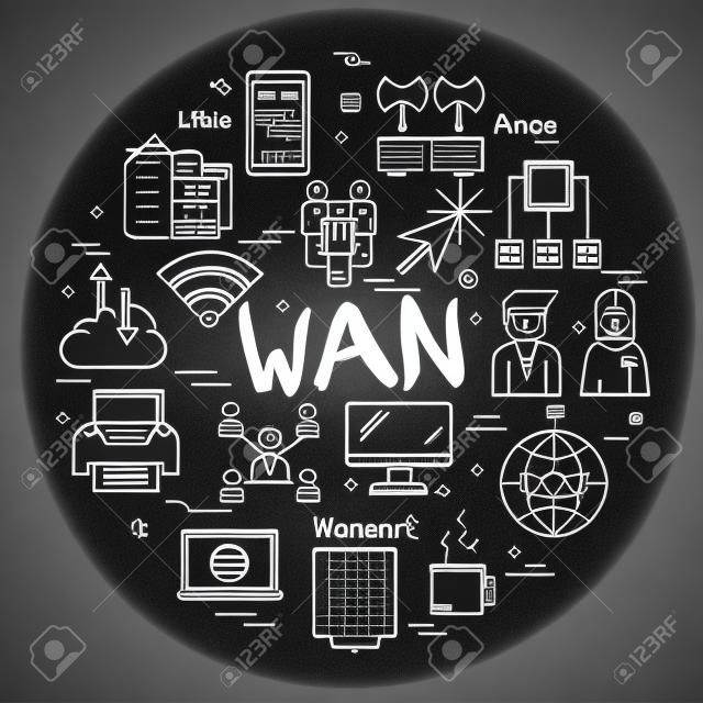 광역 네트워크의 선형 라운드 개념. WAN, 인터넷 기술, 컴퓨터 네트워크, 보안 연결의 얇은 줄 아이콘. 검은 분필 보드에 대한 현대 웹 배너