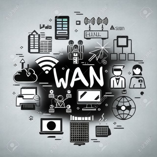 Линейная круглая концепция глобальной сети. Иконки тонкой линии WAN, Интернет-технологий, компьютерных сетей, безопасного соединения. Современный веб-баннер на черной доске