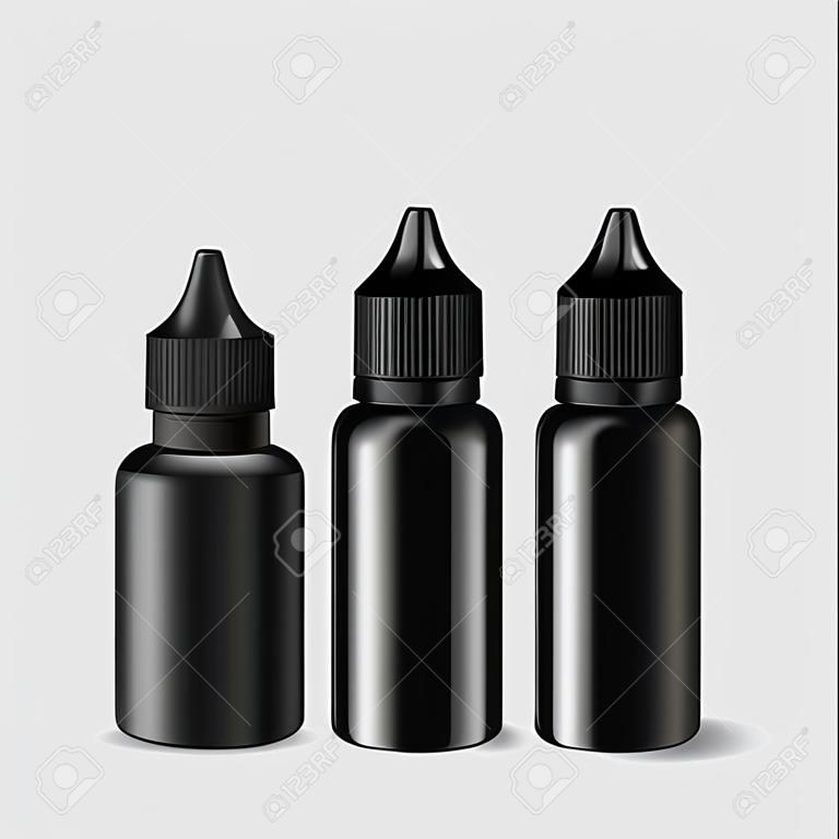 Vape E liquid dropper bottle set in black color. Realistic essential oil jar. Dropper Mock up container. Cosmetic vial, flask, flacon isolated on white