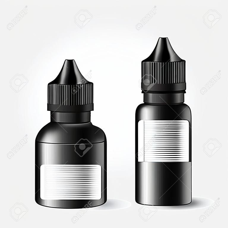 Vape E liquid dropper bottle set in black color. Realistic essential oil jar. Dropper Mock up container. Cosmetic vial, flask, flacon isolated on white