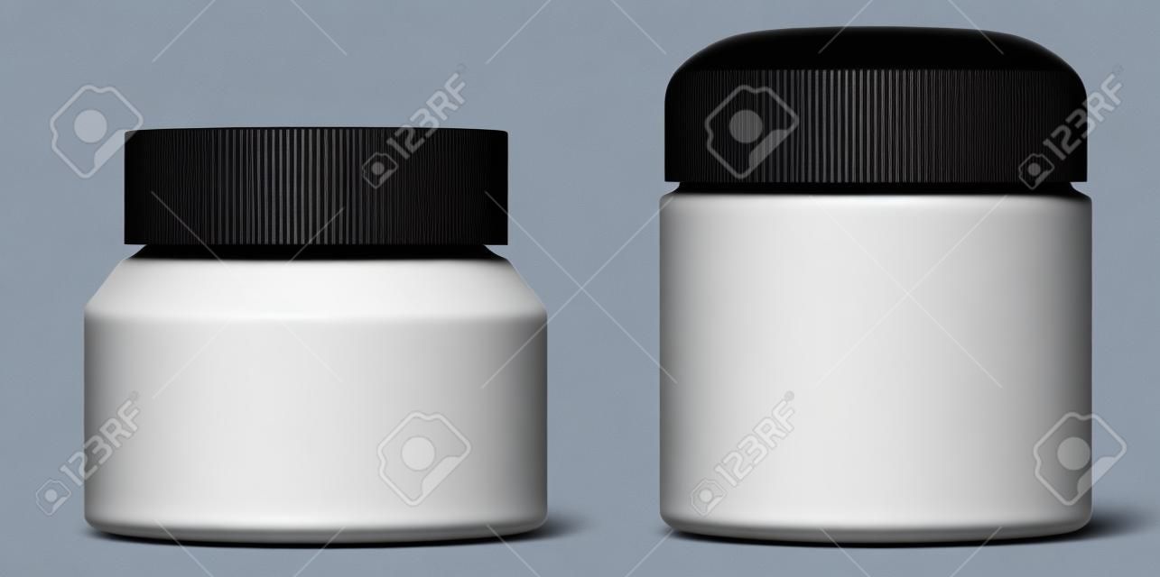 Cosmetic cream jar black plastic mockup. Beauty container for wax or body scrub. Premium men cosmetic packaging for advertising. Face skin cream or powder bottle mock up for presentation