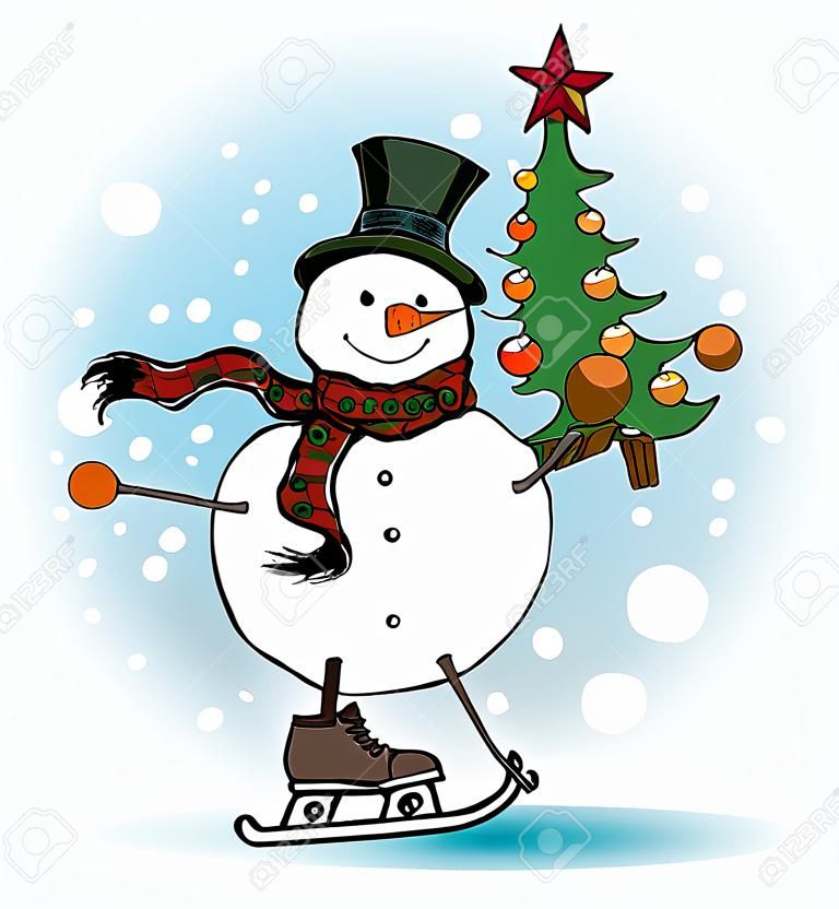 Hend drawn vector  - Skating snowman with Christmas tree