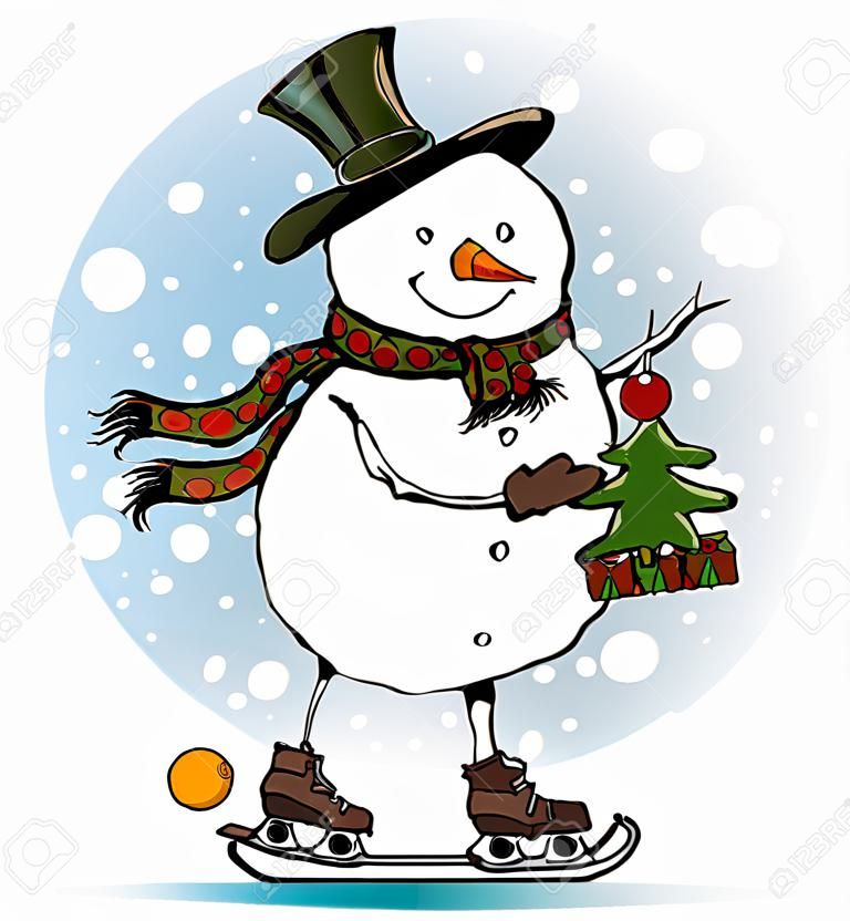 Hend établi vecteur - Patinage bonhomme de neige avec sapin de Noël