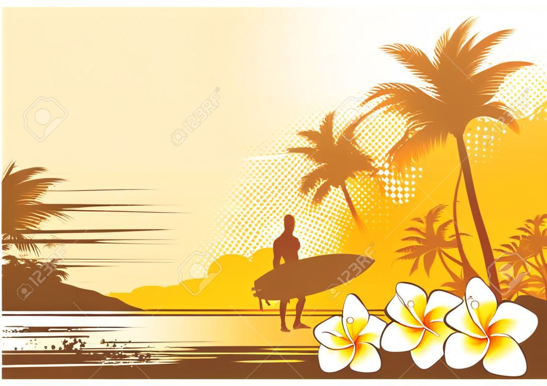 Vector illustration with surfer and tropical landscape