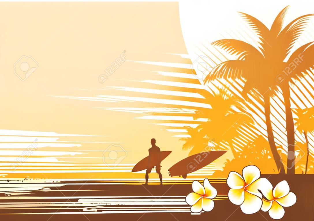 Ilustración vectorial con surfer y paisaje tropical
