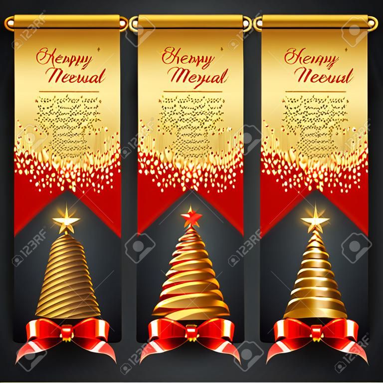 Banners verticales de oro con saludos y árboles de Navidad