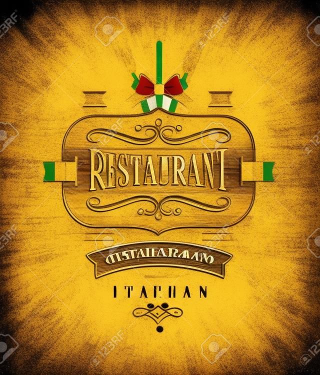 Signe décoratif en bois millésime de restaurant italien avec un décor d'or et lettrage - illustration vectorielle