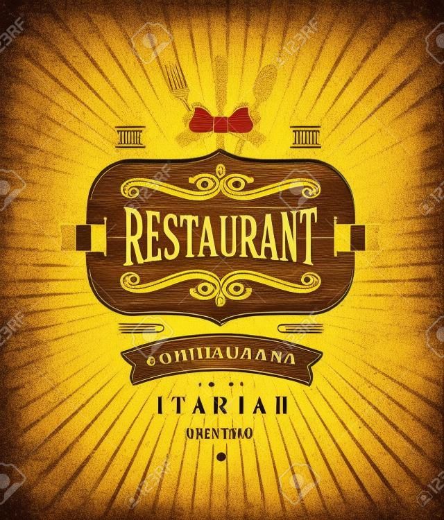 Decorativi d'epoca in legno segno di ristorante italiano con decorazioni d'oro e lettering - illustrazione vettoriale
