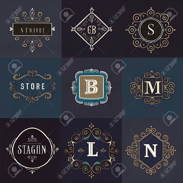 設置字母組合模板與一夜暴富的書法高雅裝飾元素。形象設計與信咖啡廳，商店，商店，餐廳，精品店，酒店，紋章，時裝等。