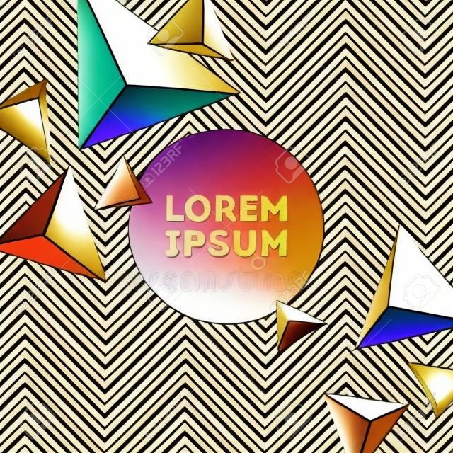 Ilustración de vector abstracto - pirámides multicolores y marco de oro círculo de brillo sobre un fondo geométrico blanco y negro. Diseño para portadas, tarjetas de felicitación, afiches o volantes.