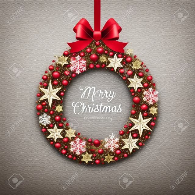 Christmas greeting illustration. Frame in the form of Christmas wreath made from stars, ruby gems golden snowflakes, beads and glitter gold bow ribbon.