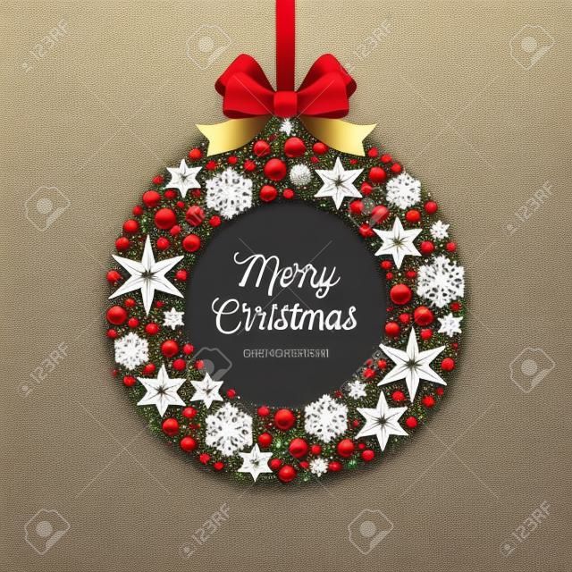 Ilustración de felicitación de Navidad. Marco en forma de corona de Navidad hecha de estrellas, gemas de rubíes dorados copos de nieve, perlas y cinta dorada brillo del arco.