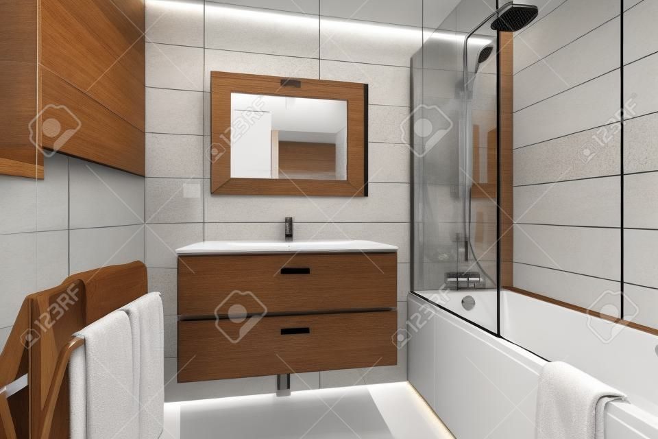 Cuarto de baño moderno con ducha con inodoro y comodidades.