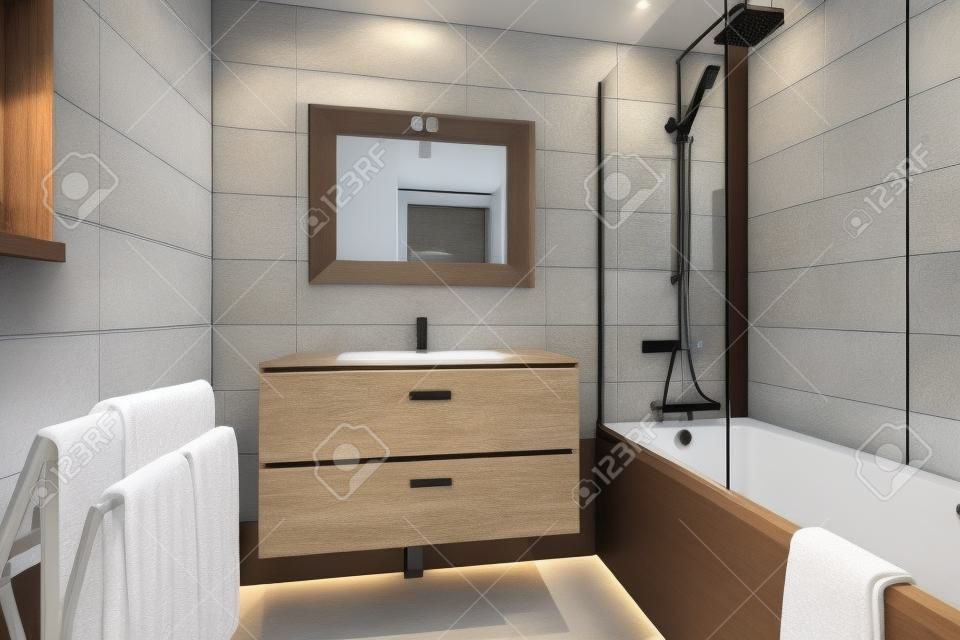 Cuarto de baño moderno con ducha con inodoro y comodidades.